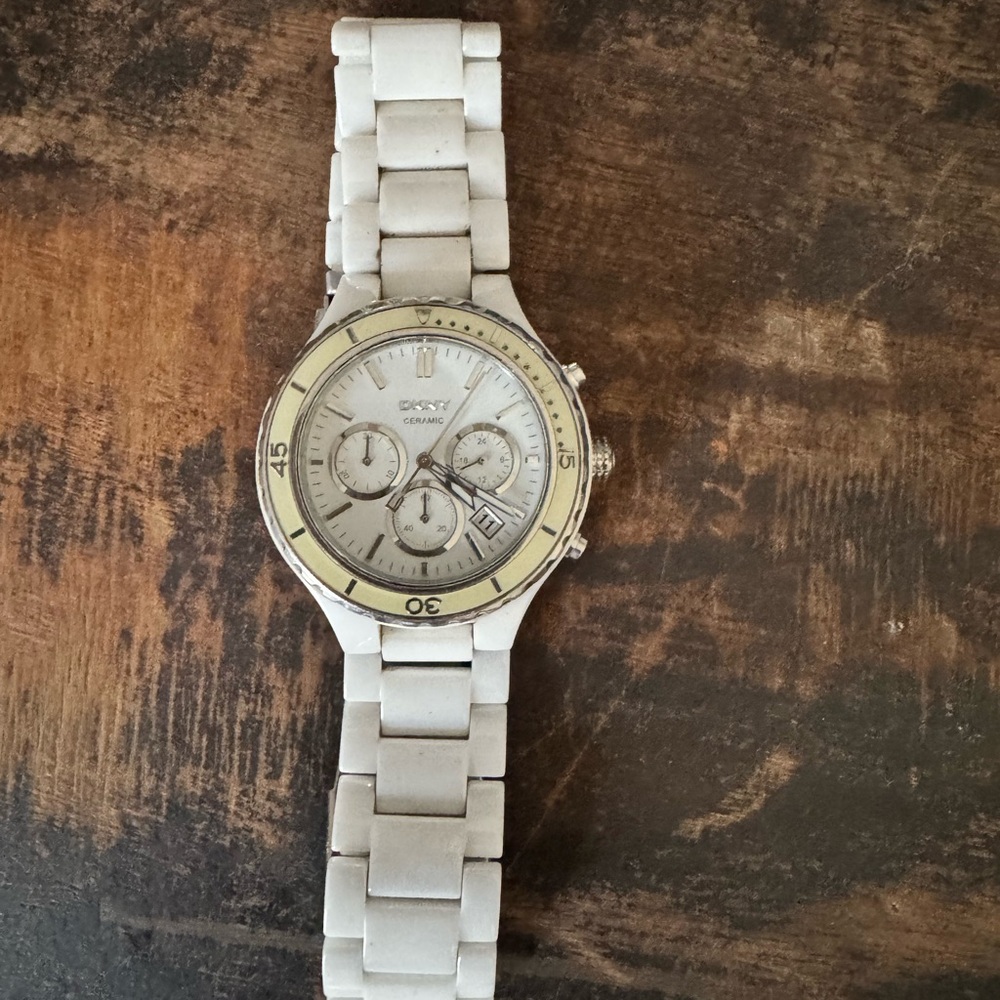 DKNY Ivory Ceramic Watch with Silver Accents